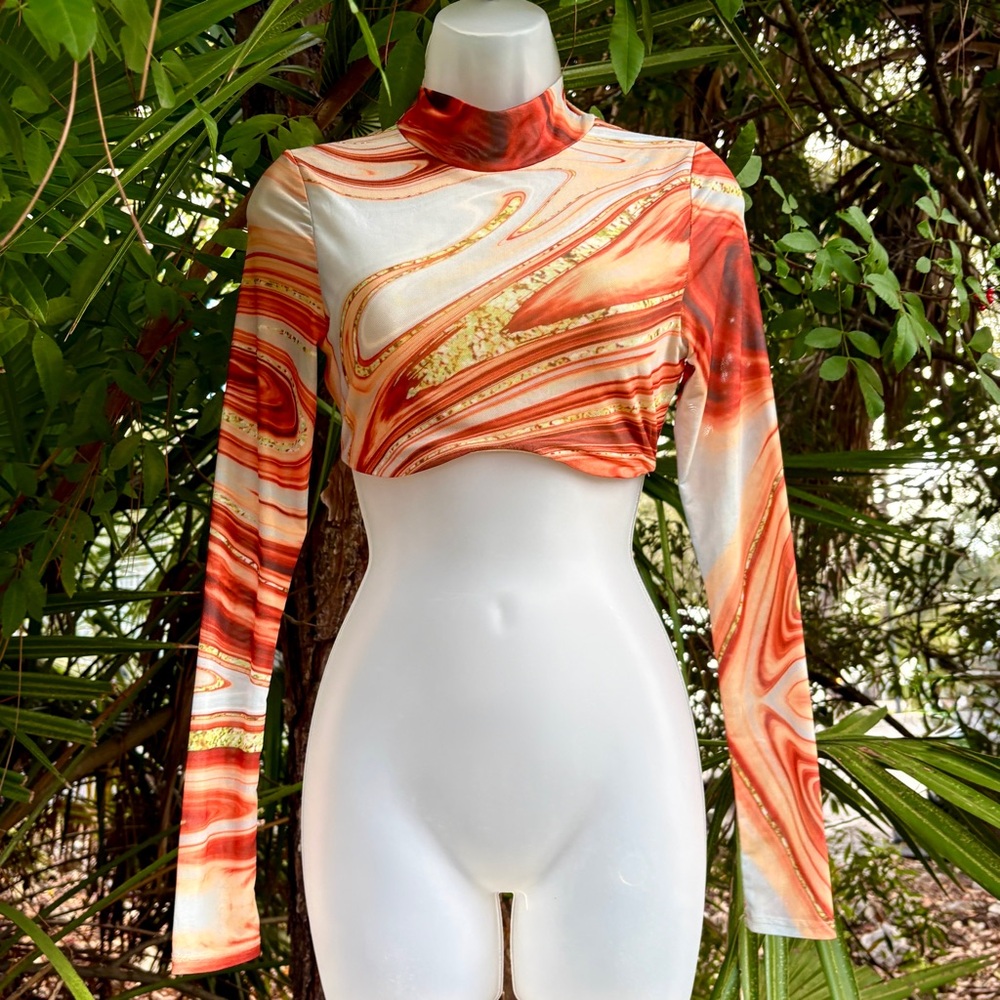 Blanc Mesh Copper Brown Swirl Top Size S 4 Crop Mock Neck Artsy Abstract Quartz